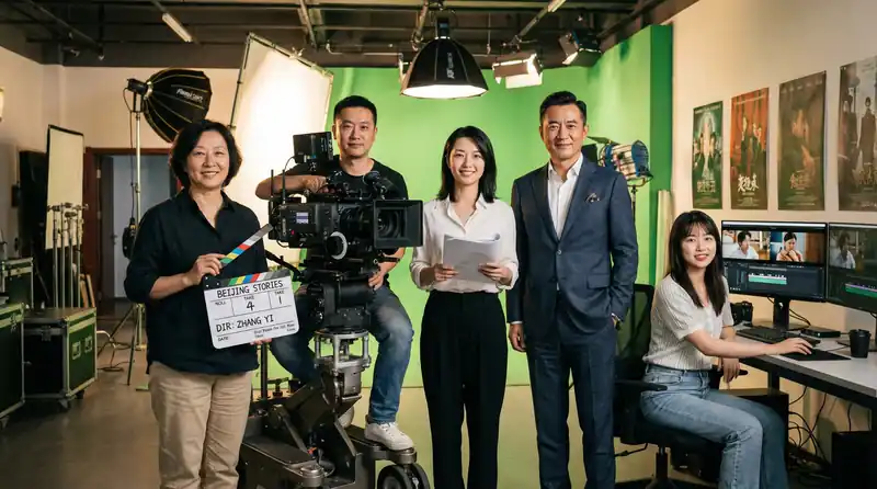 精彩视频专业影视制作团队在现代化摄影棚中合影，展示导演、摄影师、编剧、制片人和剪辑师