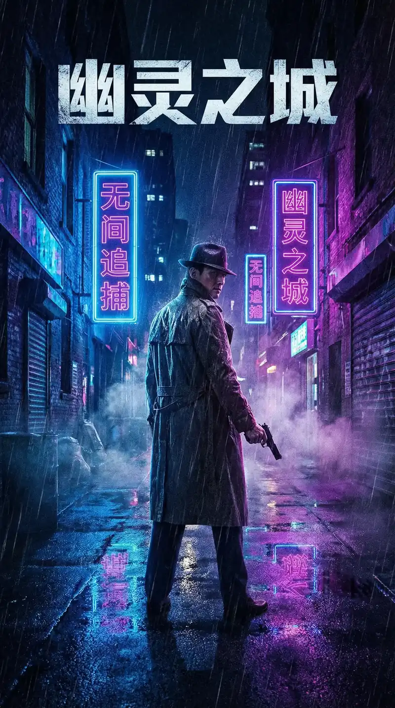 幽灵之城电影海报，侦探在霓虹灯闪烁的雨夜街头追踪线索