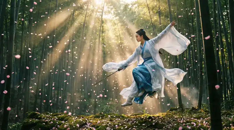 精彩视频精彩影片预告片画面，竹林中女侠飞身舞剑